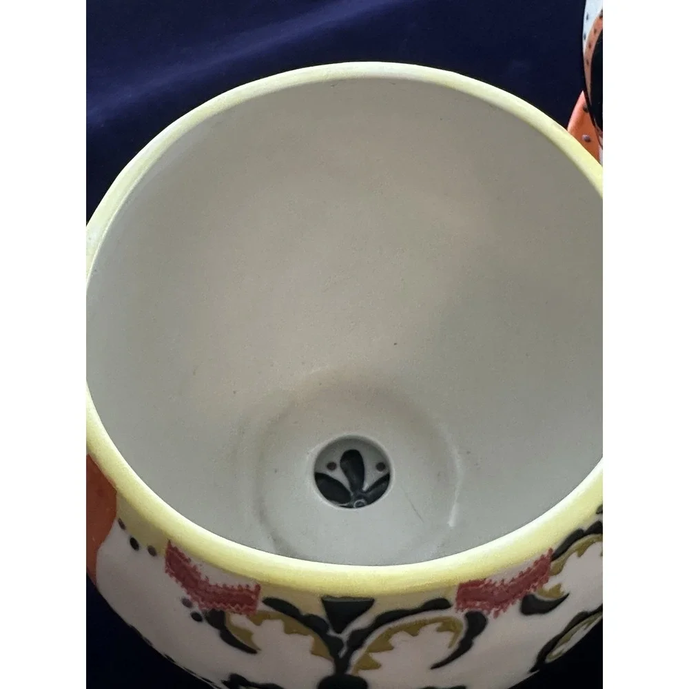 2 Ceramic Round Planters Multicolor Floral Pattern w/ Saucers Drainage Holes